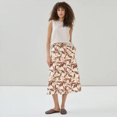 Linen Blend Printed Midi Skirt