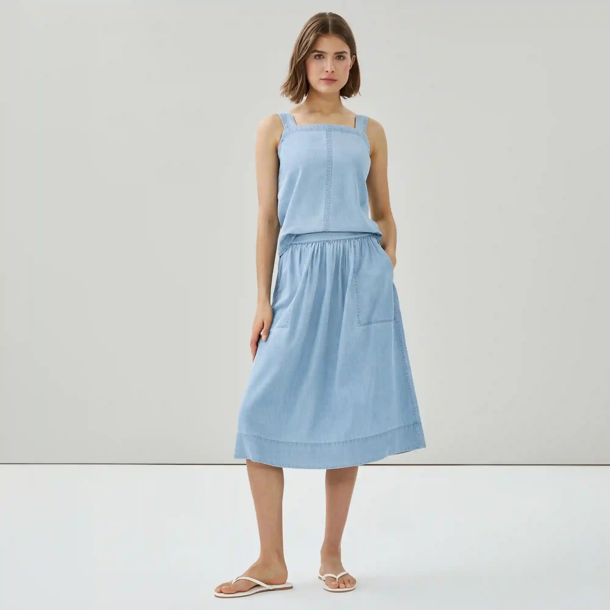 Chambray Light Wash Midi Skirt