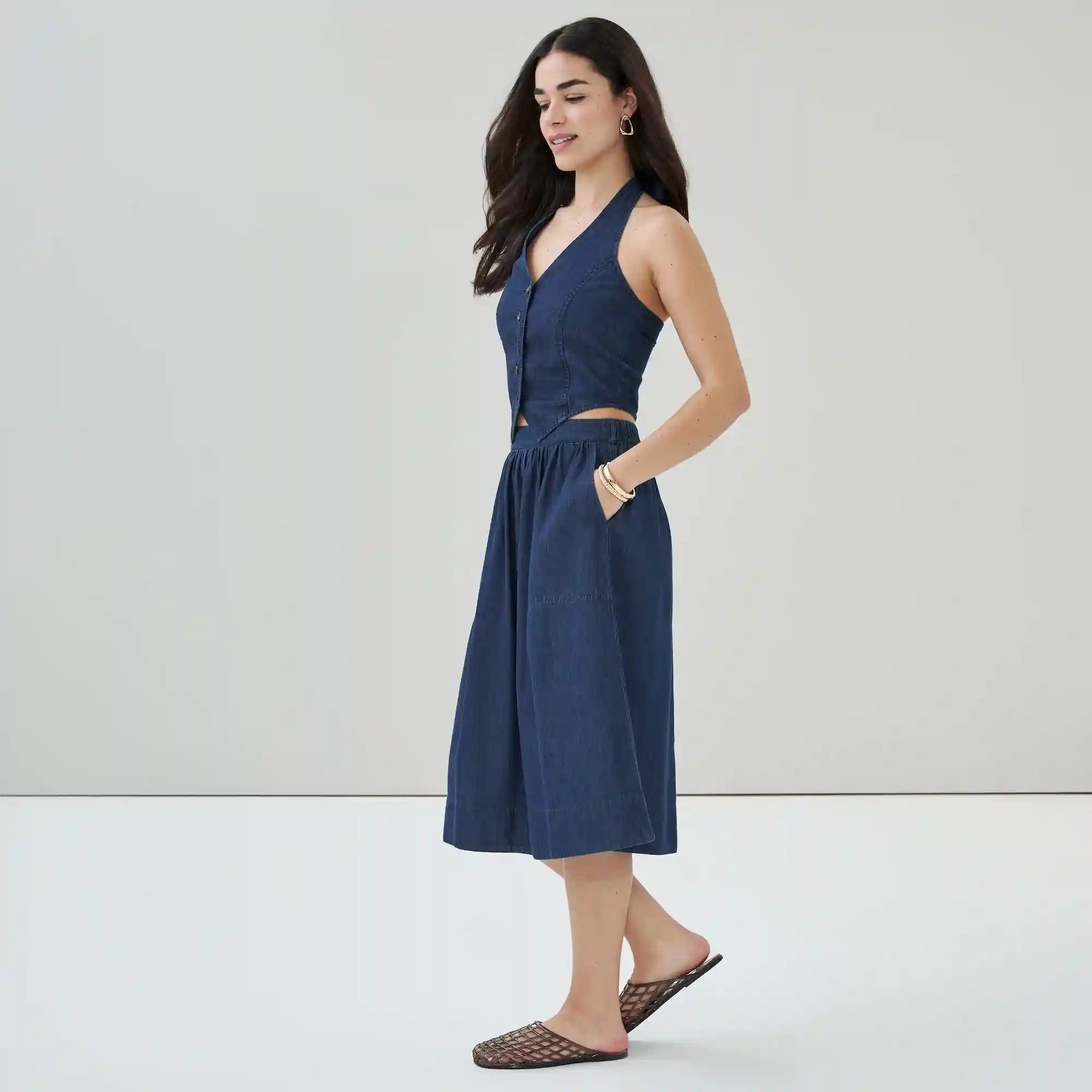 Chambray Dark Wash Midi Skirt