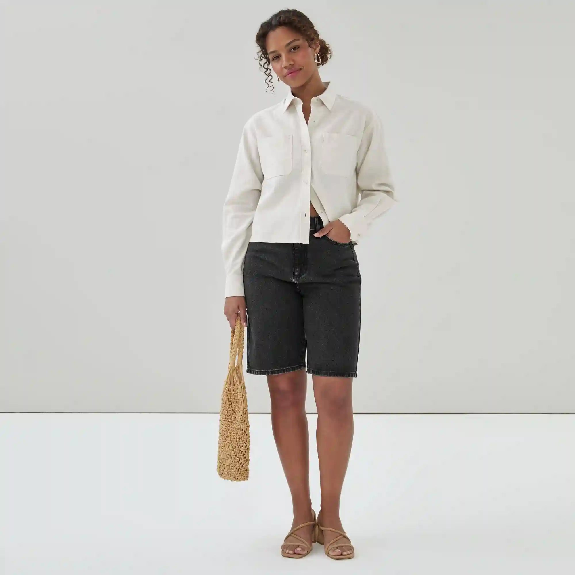 Linen Cotton Cropped Long Sleeve Shirt