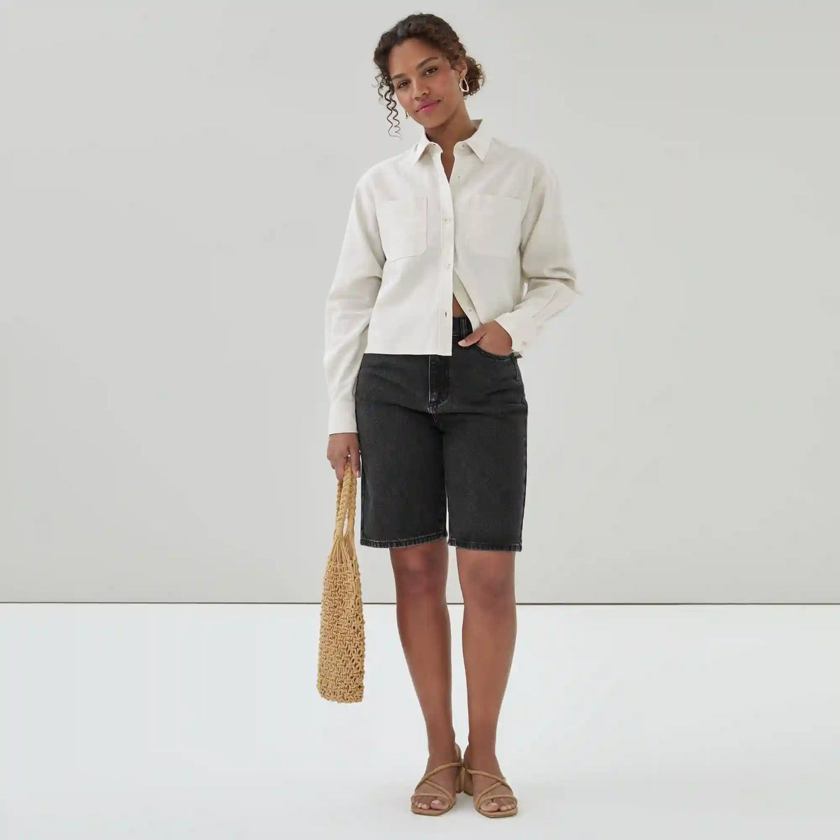 Linen Cotton Cropped Long Sleeve Shirt