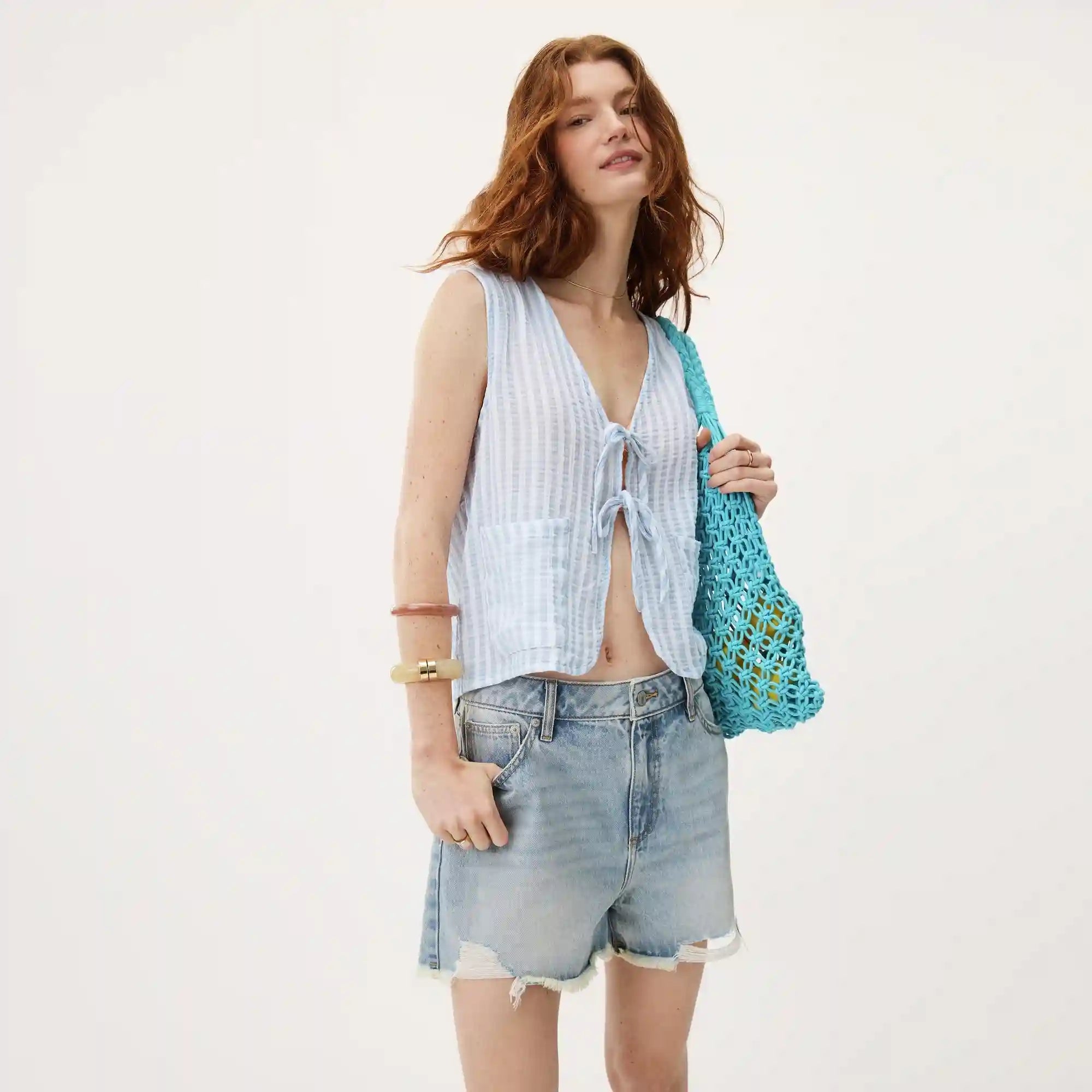 Crinkle Gauze Striped Tie Top