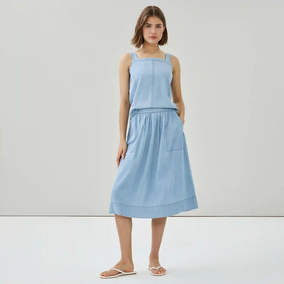 Chambray Light Wash Midi Skirt