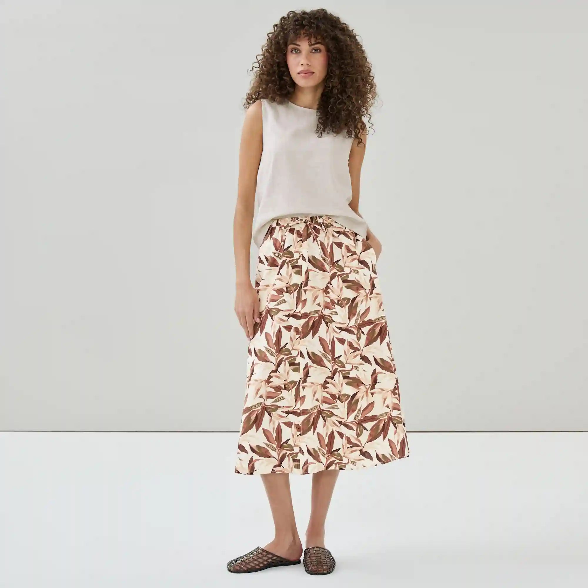 Linen Blend Printed Midi Skirt