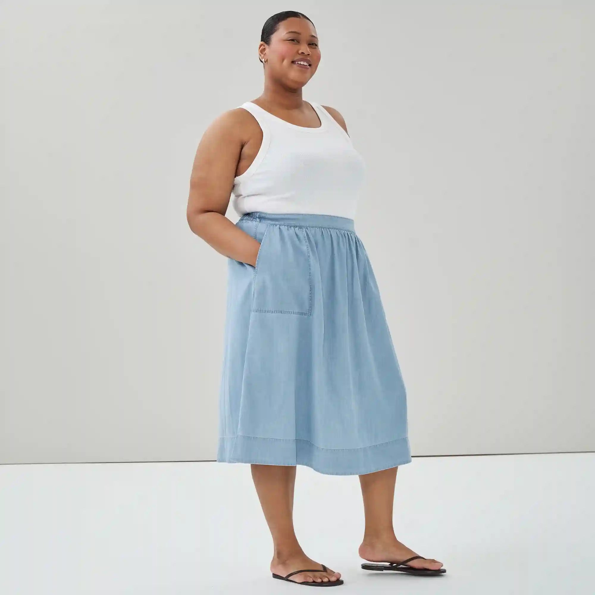 Women+ Chambray Light Wash Midi Skirt