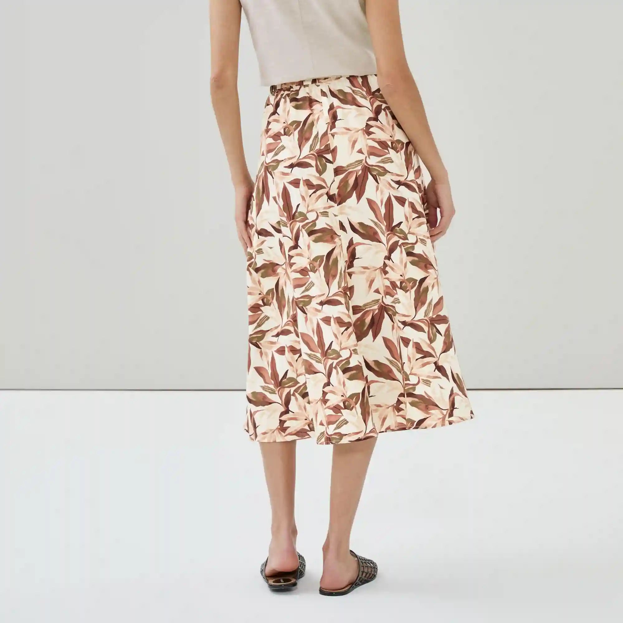 Linen Blend Printed Midi Skirt